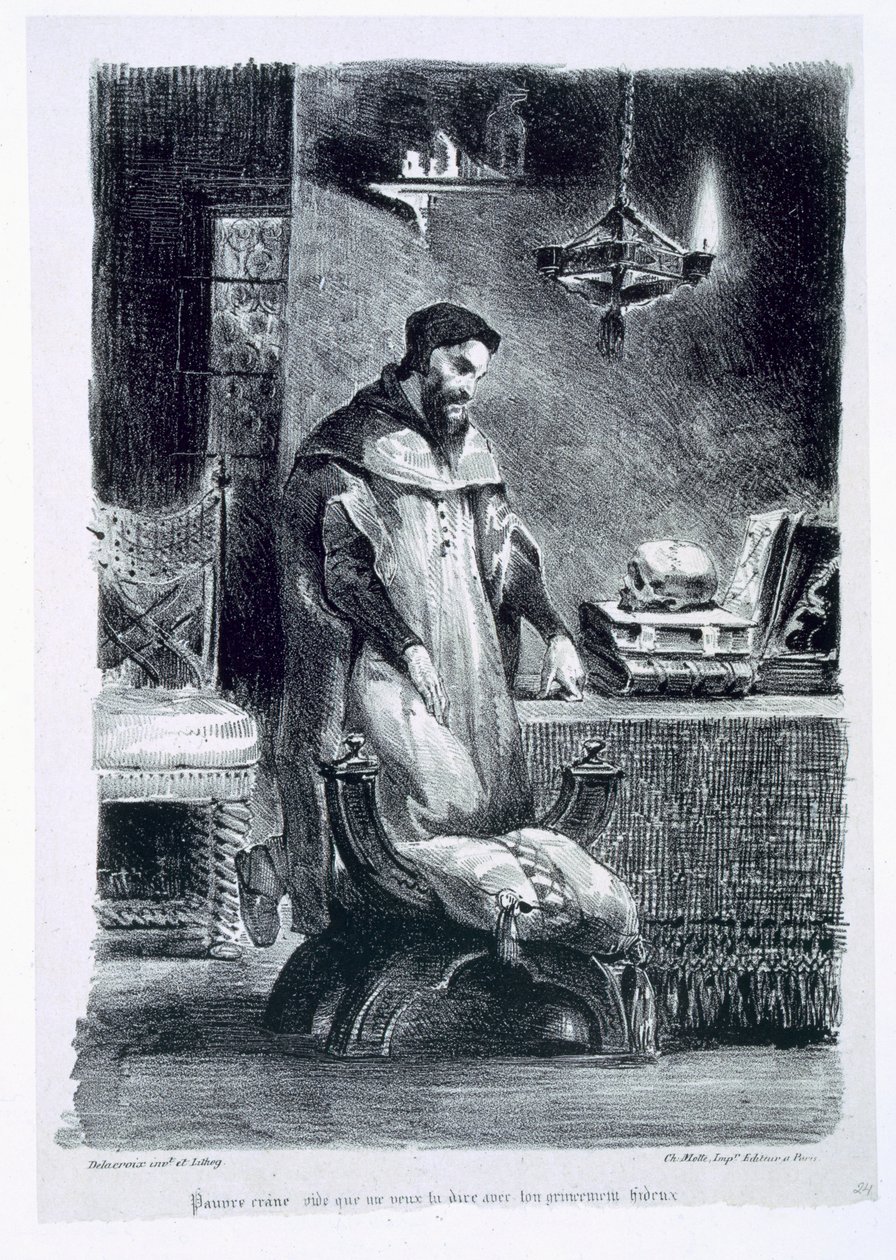 Faust tanulmányában, Goethe Faustjából, 1828, (illusztráció), (bw fotó a litográfiáról) alkotó: Ferdinand Victor Eugene Delacroix