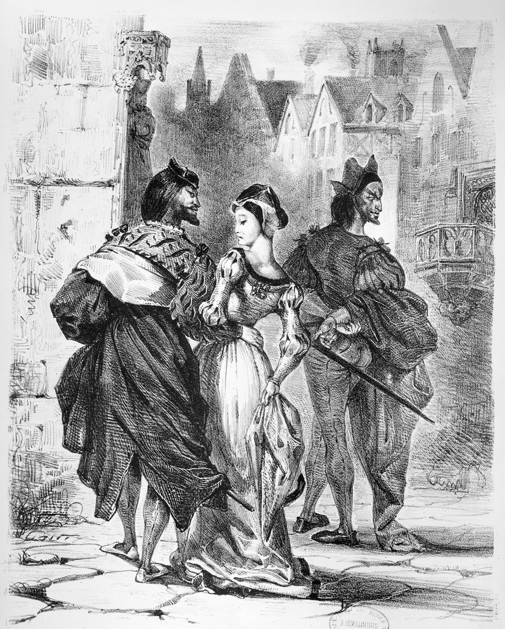 Faust találkozás Marguerite-tel, Goethe Faustjából, 1828 után, (illusztráció), (bw fotó litográfia) alkotó: Ferdinand Victor Eugene Delacroix