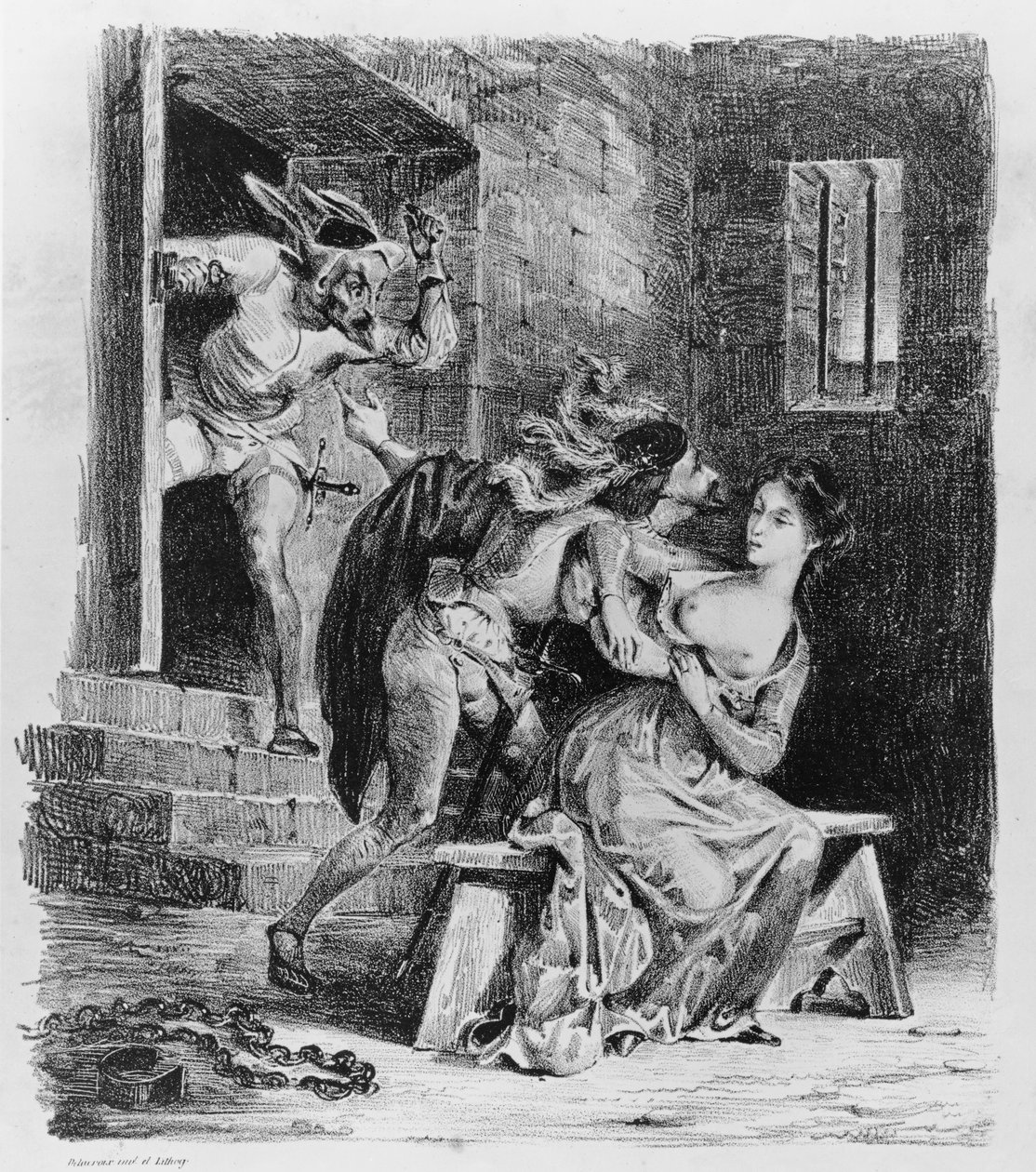 Faust kimenti Marguerite-et a börtönből, Goethe Faustja, 1828, (illusztráció), (bw fotó litho) alkotó: Ferdinand Victor Eugene Delacroix