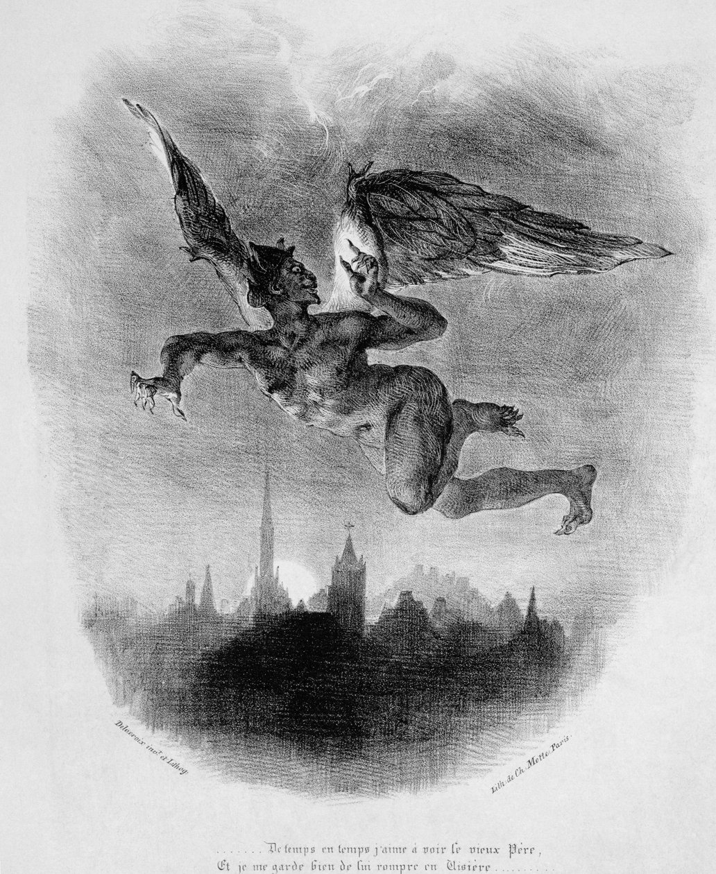 Mephistopheles prológusa az égen, Goethe Faustjából, 1828, (illusztráció), (bw fotó a litográfiáról) alkotó: Ferdinand Victor Eugene Delacroix