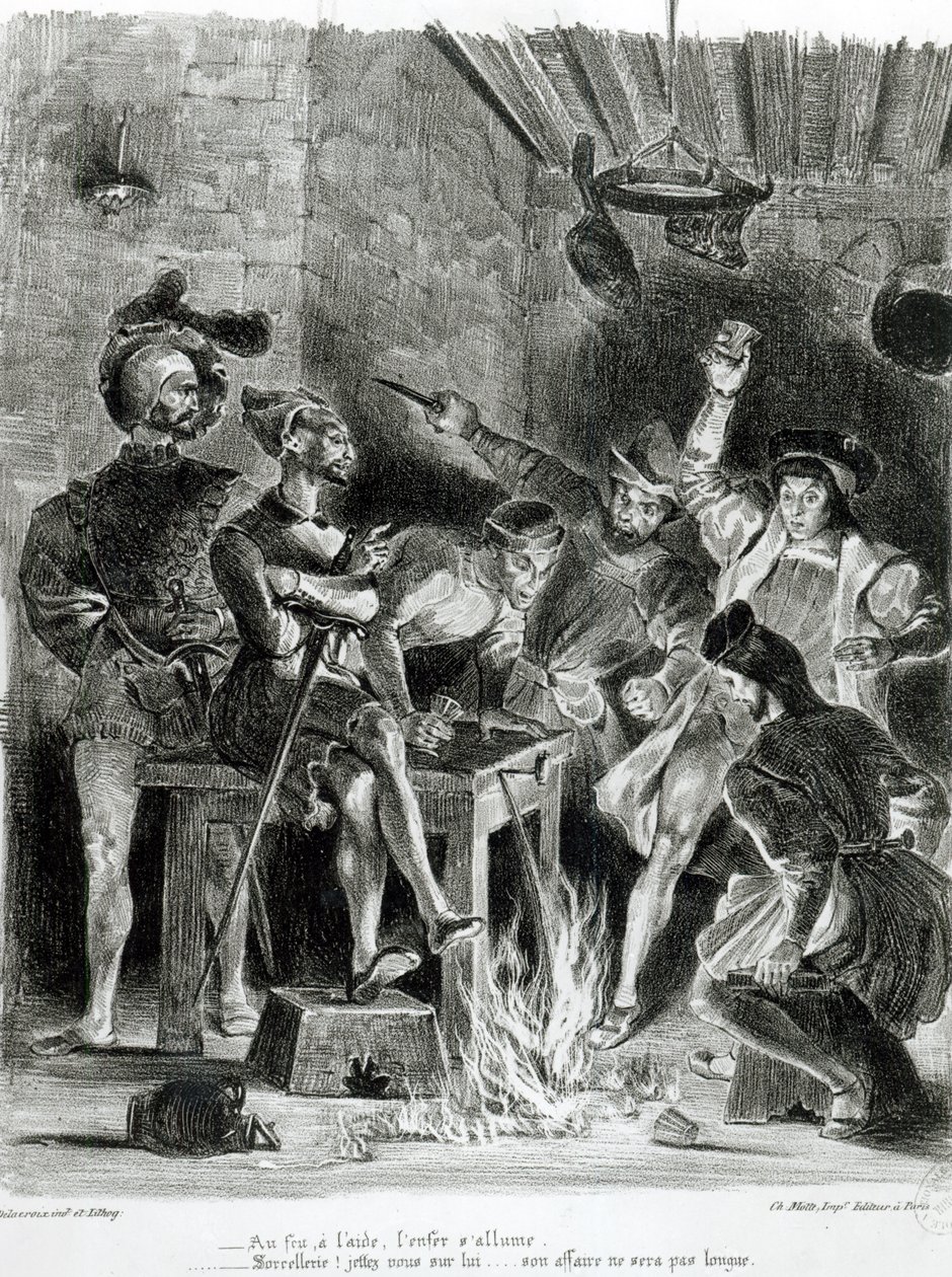 Mefisztó és az ivótársak, Goethe Faustjából, 1828, (illusztráció), (bw fotó a litográfiáról) alkotó: Ferdinand Victor Eugene Delacroix