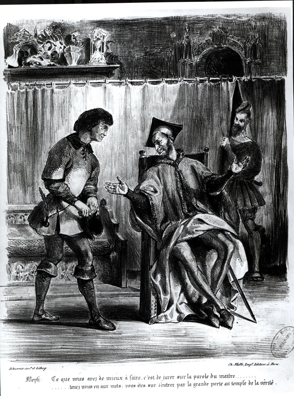 Mefisztó és a tanítvány, Goethe Faustjából, (illusztráció), (bw fotó a litográfiáról) alkotó: Ferdinand Victor Eugene Delacroix