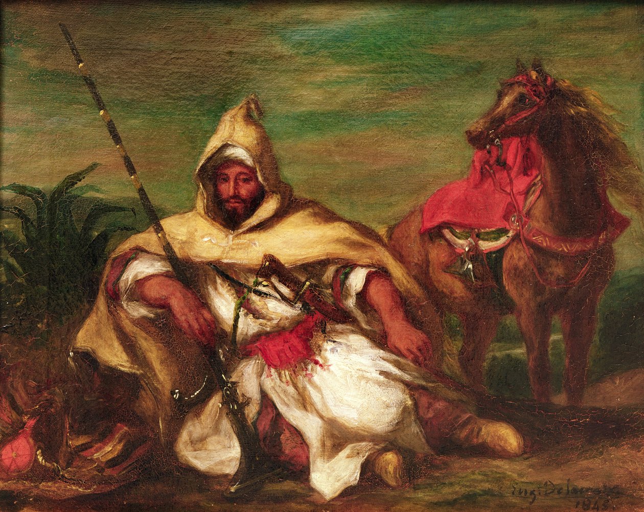 Marokkói katona a lova közelében ül, 1845 alkotó: Ferdinand Victor Eugene Delacroix