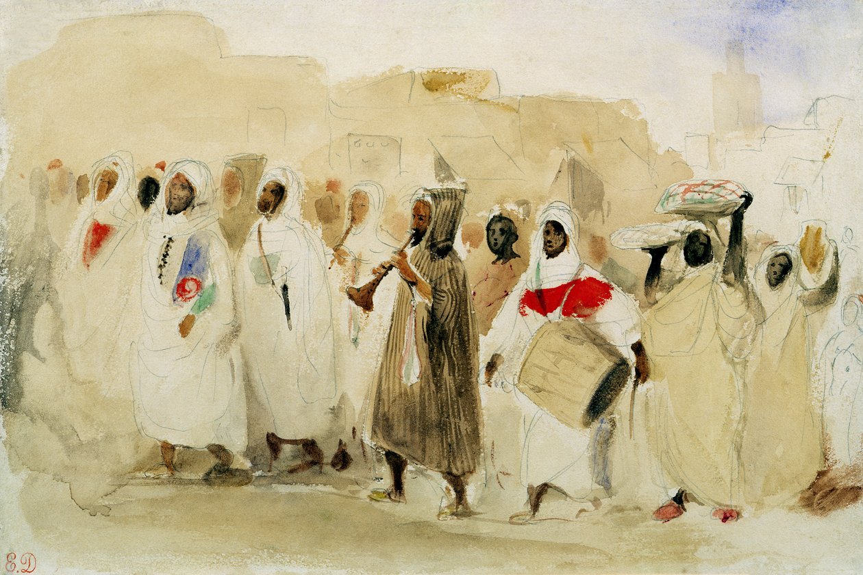 Zenészek felvonulása Tangerben (wc és ceruza, papír) alkotó: Ferdinand Victor Eugene Delacroix