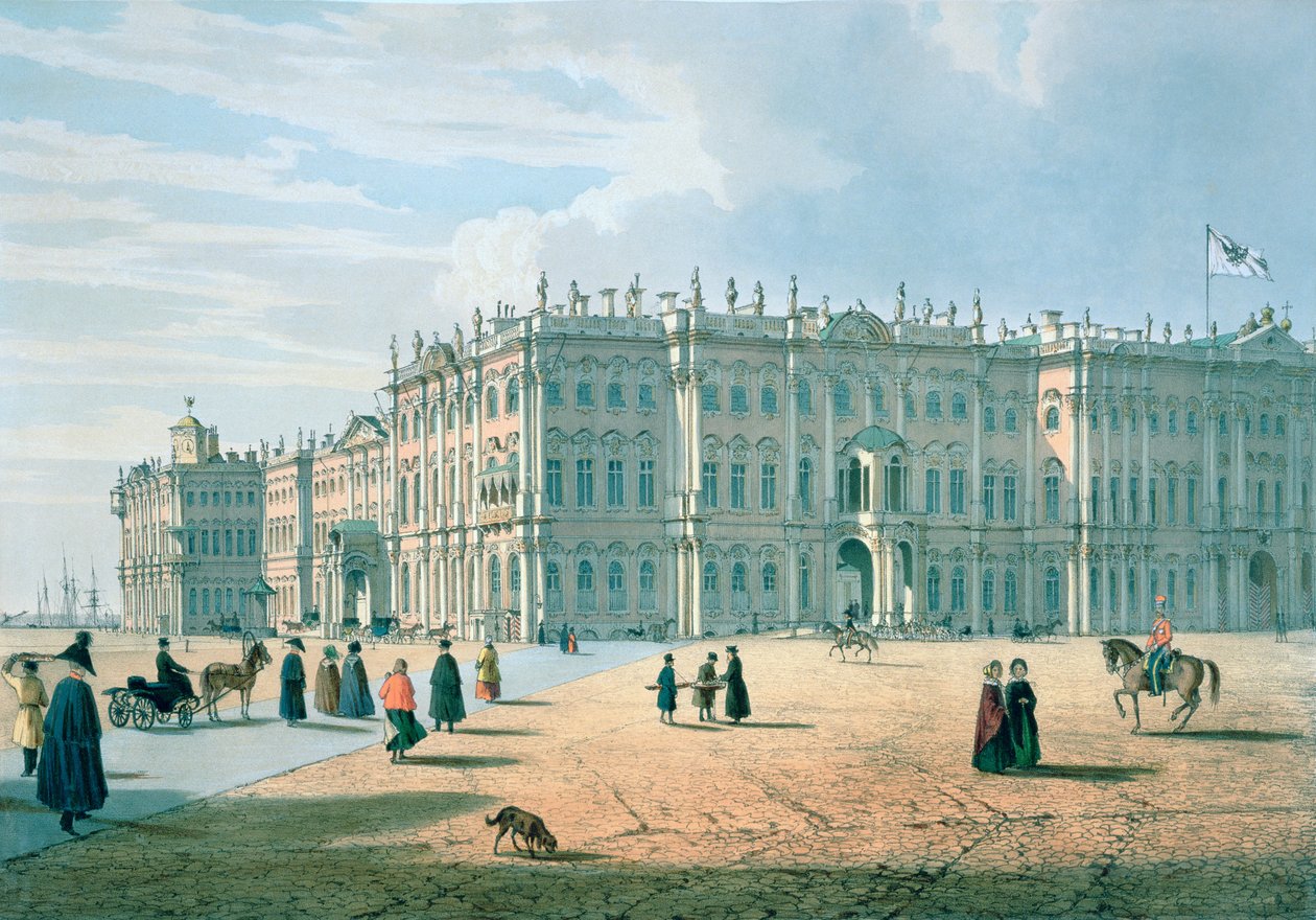 A Téli Palota a Palota átjáróból nézve, Szentpétervár, 1840 körül. alkotó: Ferdinand Victor Perrot