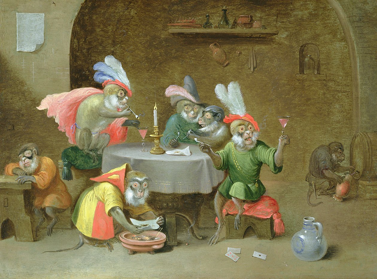 Egy kocsma belseje, majmok iszogatnak és dohányoznak (olaj, réz) alkotó: Ferdinand van Kessel