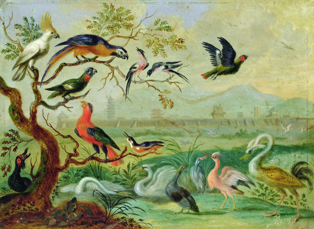Madarak a négy kontinensről tájon, kilátással Pekingre a háttérben (olaj, réz) alkotó: Ferdinand van Kessel