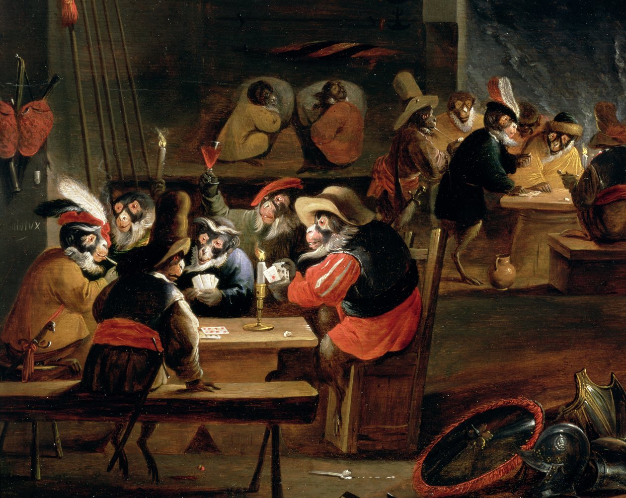 Majmok a kocsmában, a kártyajáték részlete (64505 részlet) alkotó: Ferdinand van Kessel