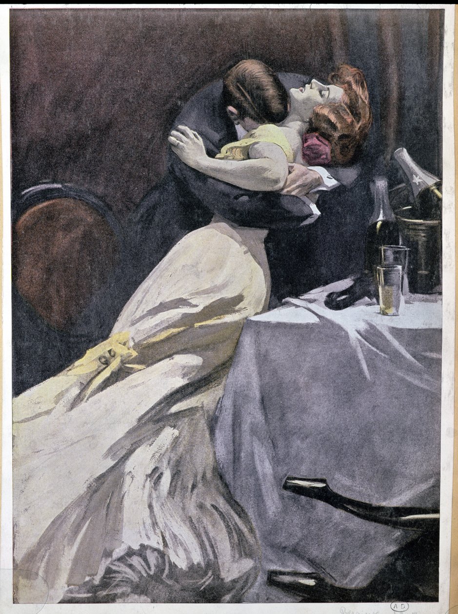 „Pusztítsd el szenvedélyedben, amit szeretsz, kivéve a ruhámat” – ölelkező pár pezsgőivás után, 1909 alkotó: Ferdinand von Reznicek