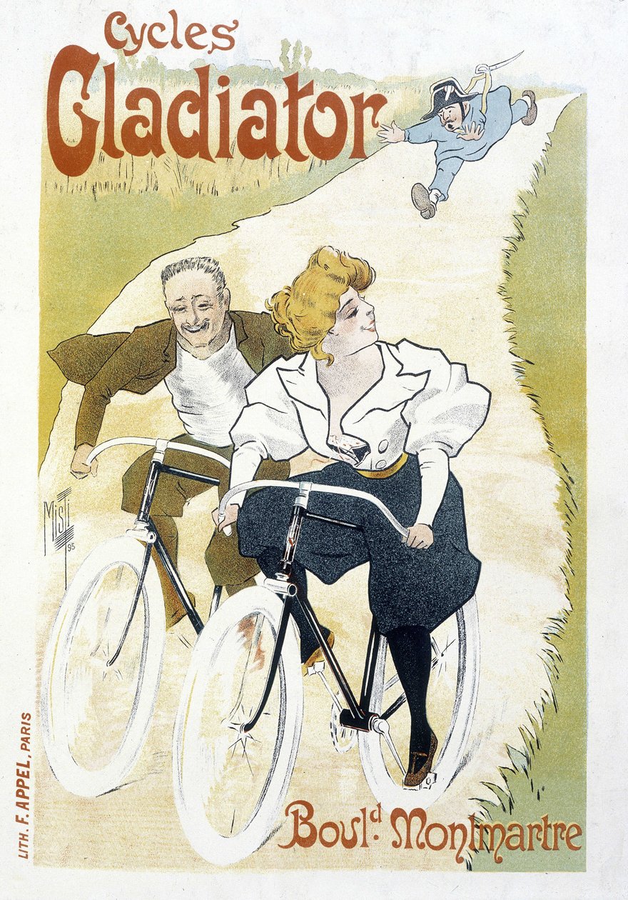 Biciklipárt üldöz egy rendőr – Gladiátor kerékpárok reklámja, Misti, v.1895 alkotó: Ferdinand  Misti Mifliez