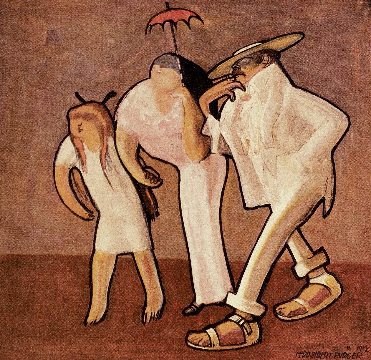 Amerikai turisták Nizzában, egy amerikai család karikatúrája, a Jugend magazinban megjelent karikatúra. alkotó: Ferdinand Albert Burger