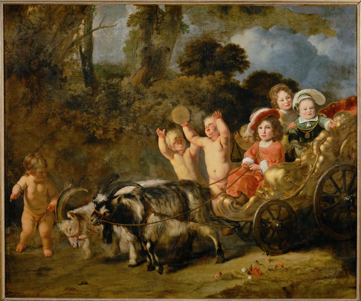 Arisztokrata gyerekek egy kecskék által húzott hintóban (festmény, vászon) alkotó: Ferdinand Bol