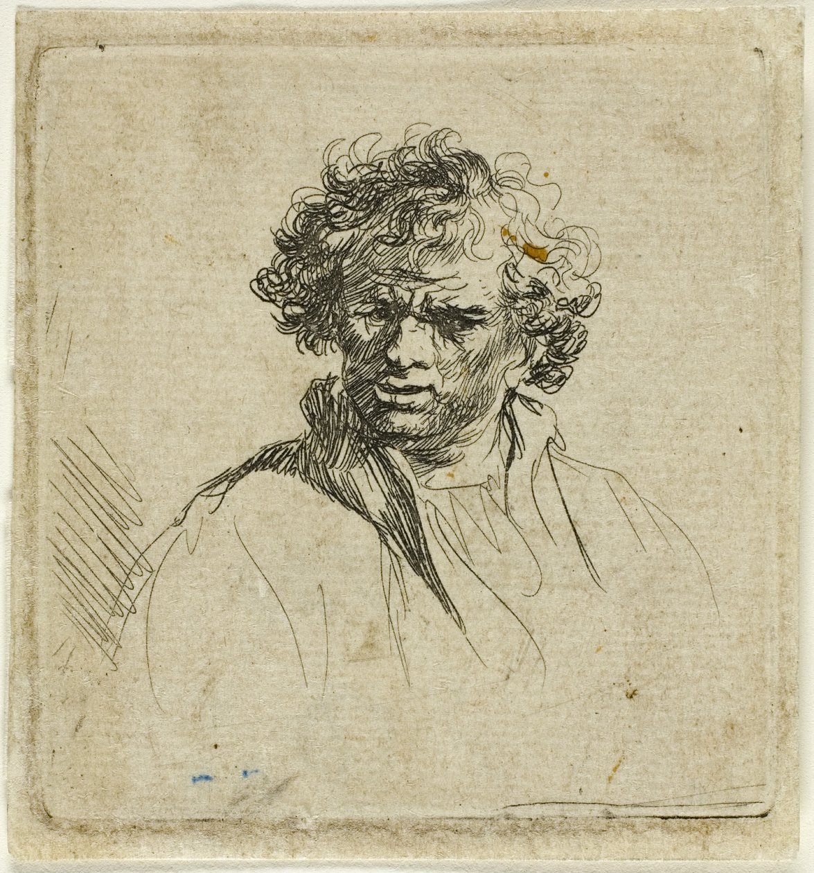 Göndör fejű férfi, nyűgös szájjal alkotó: Ferdinand Bol