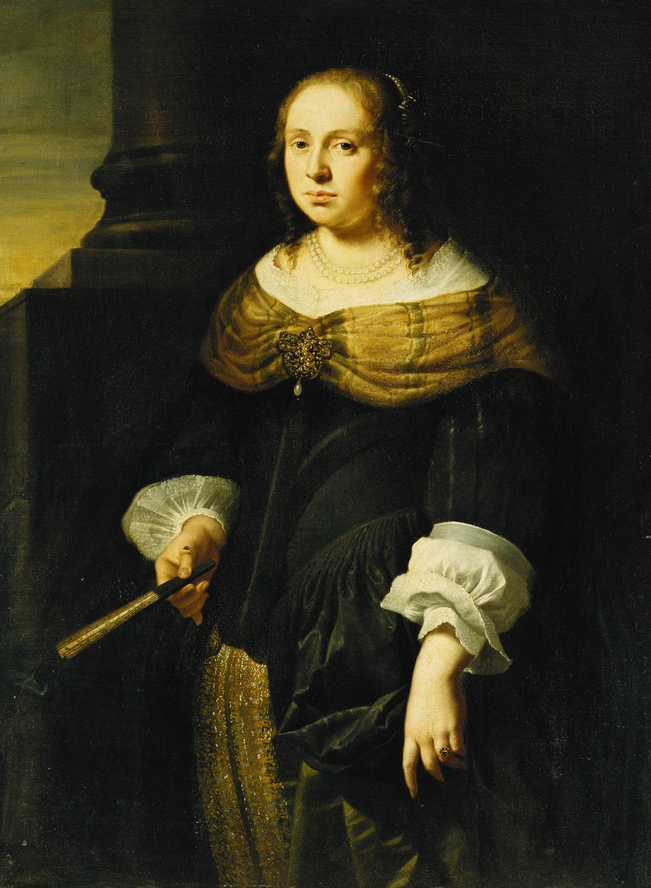 Hölgy portréja, háromnegyed hosszú, fekete-zöld ruhát visel, legyezőt tart, portékán, alkotó: Ferdinand Bol