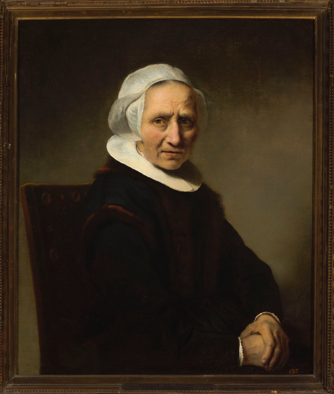 Fehér főkötős idős nő portréja alkotó: Ferdinand Bol