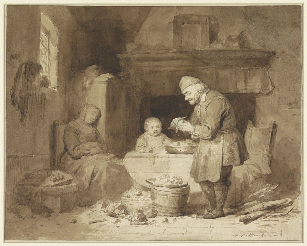 Míg egy nő elaludt, egy öregember krumplit pucol alkotó: Ferdinand De Braekeleer (I)
