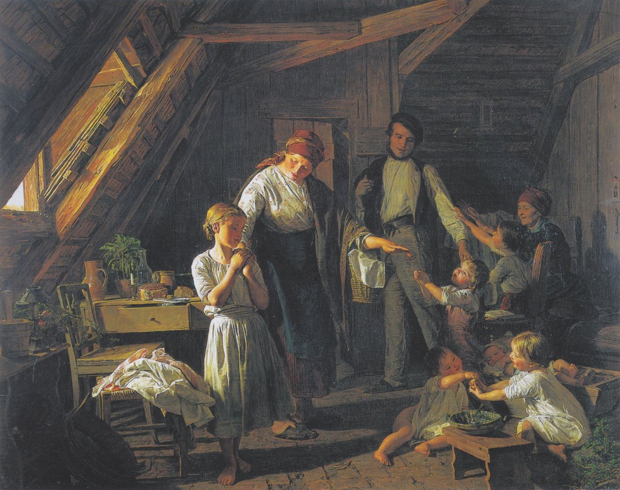 A szülők elválása - a legidősebb gyermek gondoskodik a testvérekről a szülők távollétében. alkotó: Ferdinand Georg Waldmuller