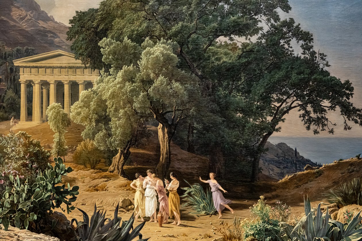 Dór templom Castelmola és Taormina a háttérben alkotó: Ferdinand Georg Waldmuller