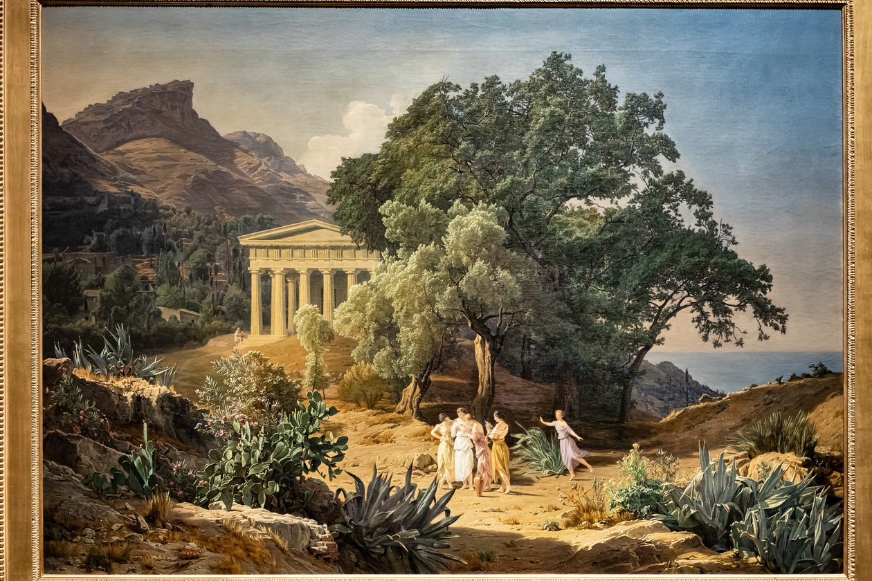 Dór templom Castelmola és Taormina a háttérben alkotó: Ferdinand Georg Waldmuller