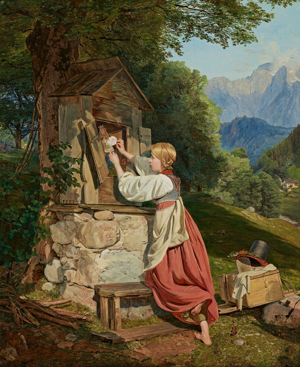 Egy lány rózsával díszíti az Istenszülőt alkotó: Ferdinand Georg Waldmuller