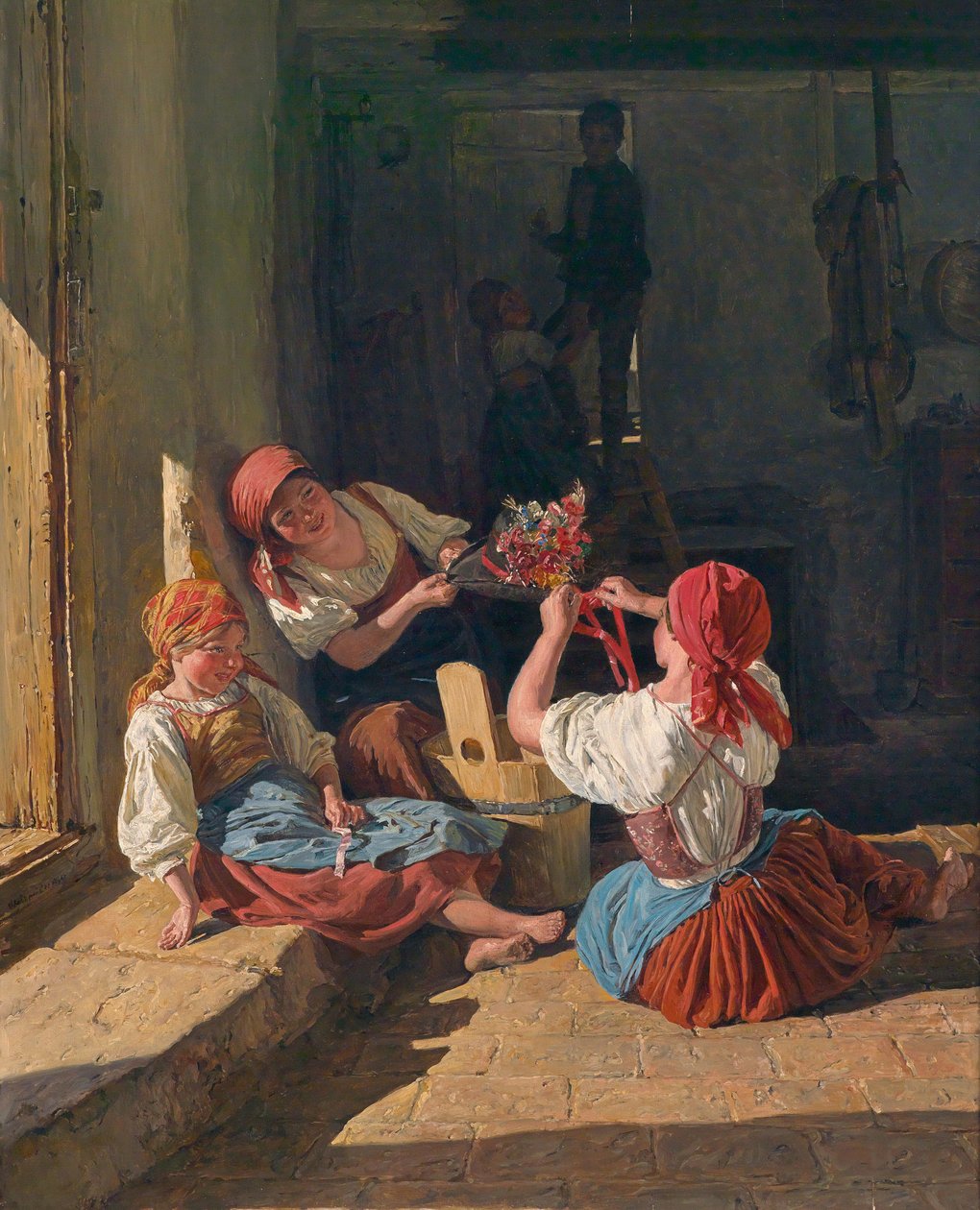 Gyerekek egy sorkatona kalapját díszítik. Ferdinand Georg Waldmuller (1793-1865) festménye, olaj, fa alkotó: Ferdinand Georg Waldmuller