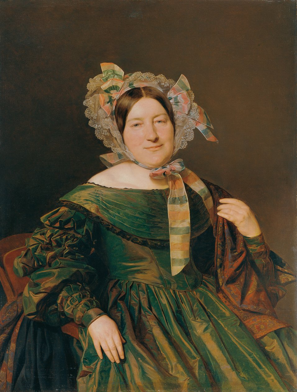 Nő zöld, lazacvörös irizáló ruhában alkotó: Ferdinand Georg Waldmuller