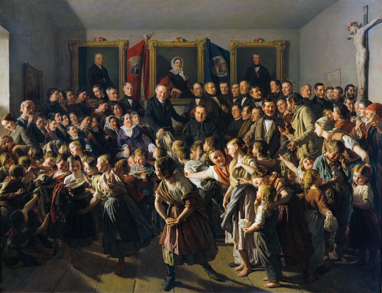 Szegény szülők gyermekei téli ruhákat kapnak a spittelbergi közösségtől Mihálykor alkotó: Ferdinand Georg Waldmuller