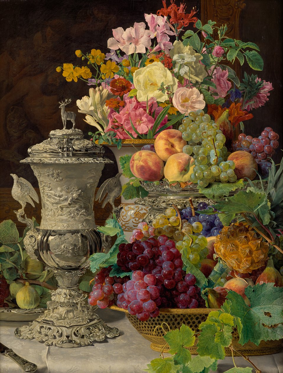 Csendélet gyümölccsel, virágokkal és ezüst serleggel alkotó: Ferdinand Georg Waldmuller