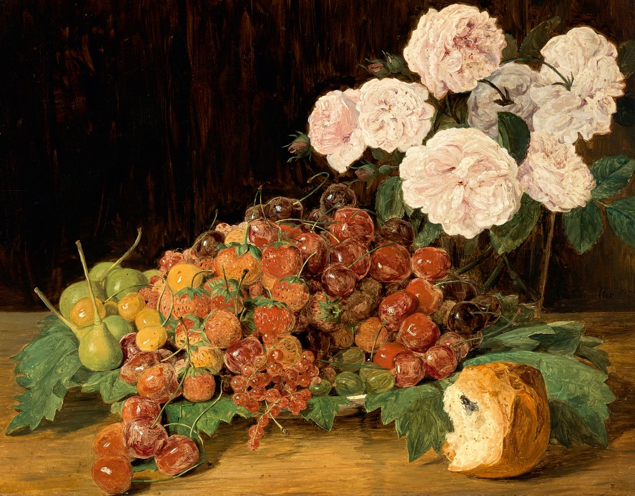 Csendélet rózsákkal, eperrel és kenyérrel alkotó: Ferdinand Georg Waldmuller