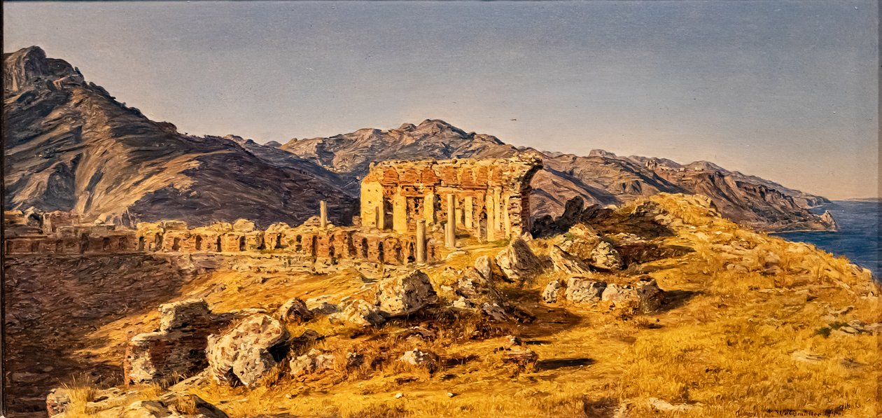 A taorminai görög színház romjai, a Messinai-szoros felé alkotó: Ferdinand Georg Waldmuller