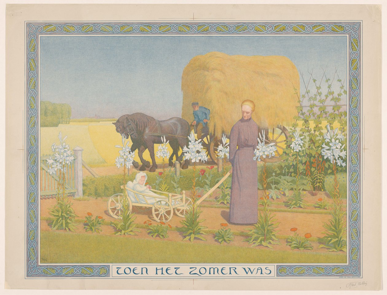Nő gyermekkel a kosárban Amikor nyár volt (cím a tárgyon) alkotó: Ferdinand Hart Nibbrig (signed by artist)