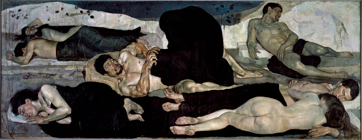 Éjjel Meztelen alvók csoportja, egyikük egy rémálom közepén alkotó: Ferdinand Hodler
