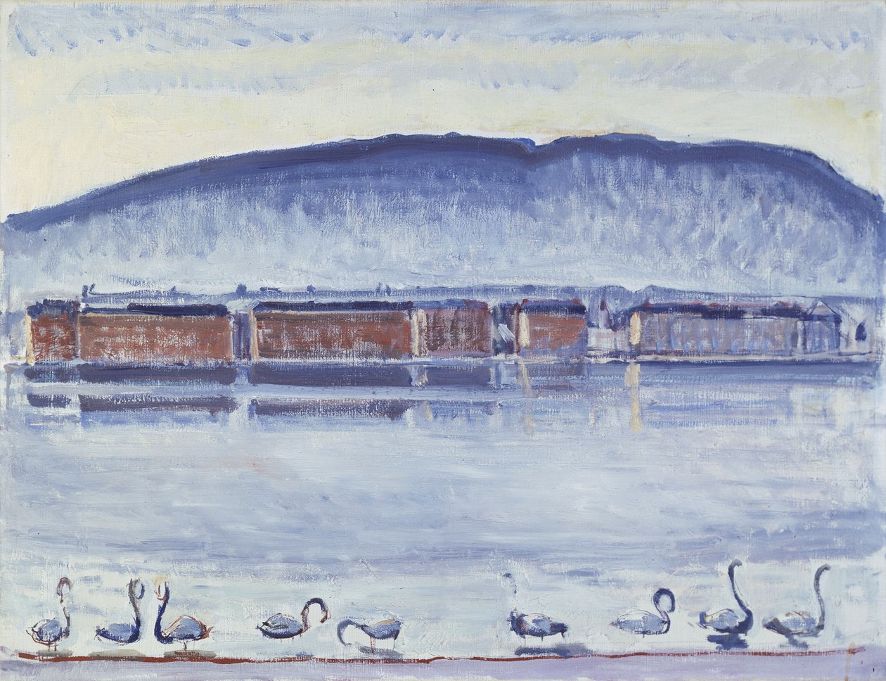 Genfi-tó Mont Salève-vel és hattyúkkal alkotó: Ferdinand Hodler