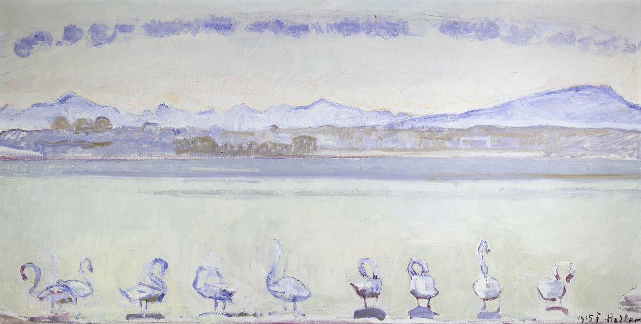 Kilenc hattyú egy hegyvidéki táj előtt; Genfi kikötője kilenc hattyúval, a Quai du Mont Blanc-ról, 1915 alkotó: Ferdinand Hodler