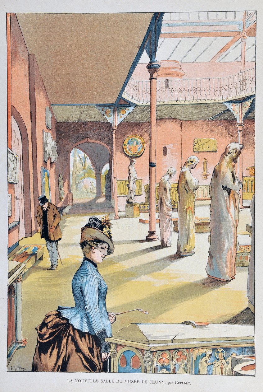 A párizsi Cluny középkori múzeumának új terme 1887, Ferdinand Joseph GUELDRY (1858-1945) Metszet 1887-ből a „Paris-Illustrous Journal hetilap”-ban alkotó: Ferdinand Joseph Gueldry