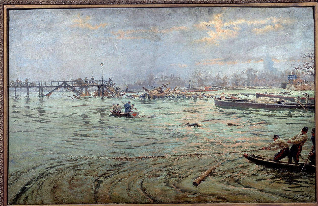 Kilátás a hídra és a párizsi Estacade rakpartjára az 1910-es nagy árvíz idején Ferdinand Joseph Gueldry (1858-1945) festménye 1910. Párizs, Musee Carnavalet. Óvatos! Ennek a műnek a felhasználása harmadik fél engedélykérelméhez, ill alkotó: Ferdinand Joseph Gueldry