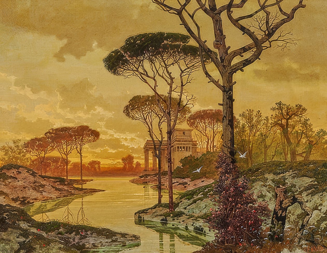 Esti folyóparti táj antik villával. 1901 alkotó: Ferdinand Knab