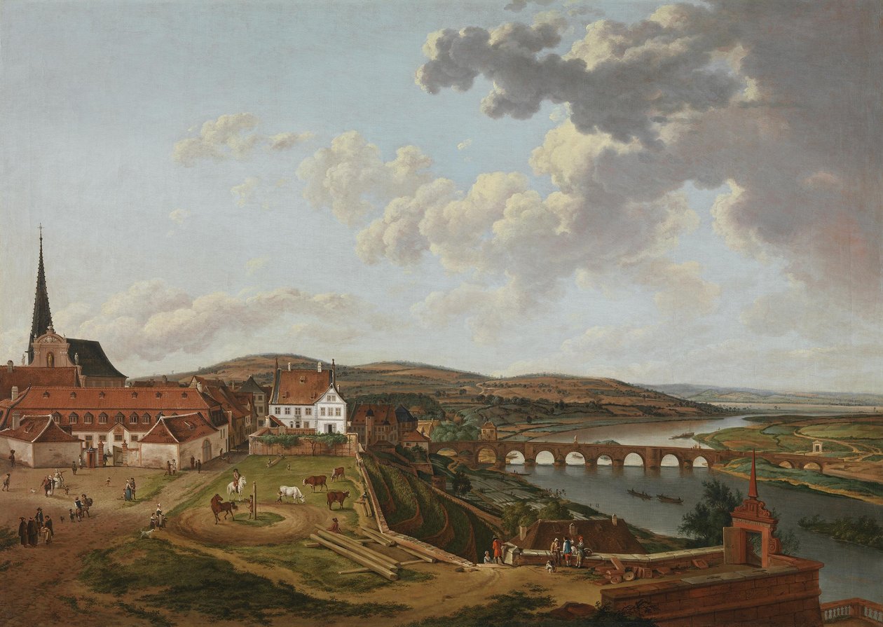 Kilátás az aschaffenburgi kastélyból az istállókra és a Majna-hídra (Aschaffenburgi ciklus) alkotó: Ferdinand Kobell