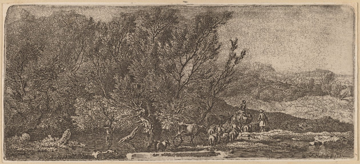 Pásztorok a csordájukkal, akik egy patakot forognak alkotó: Ferdinand Kobell