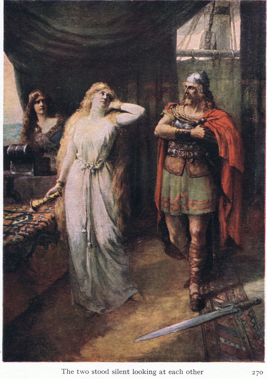 A ketten egymásra néztek, illusztráció a Wagner-operák történetei című kocsmából. szerző: George Harrap & Co Ltd 1932 (színes litó) alkotó: Ferdinand Lecke