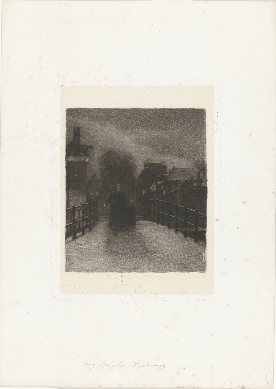Öreg nő gyermekkel a hídon Téli este (cím az objektumon) alkotó: Ferdinand Oldewelt (signed by artist)