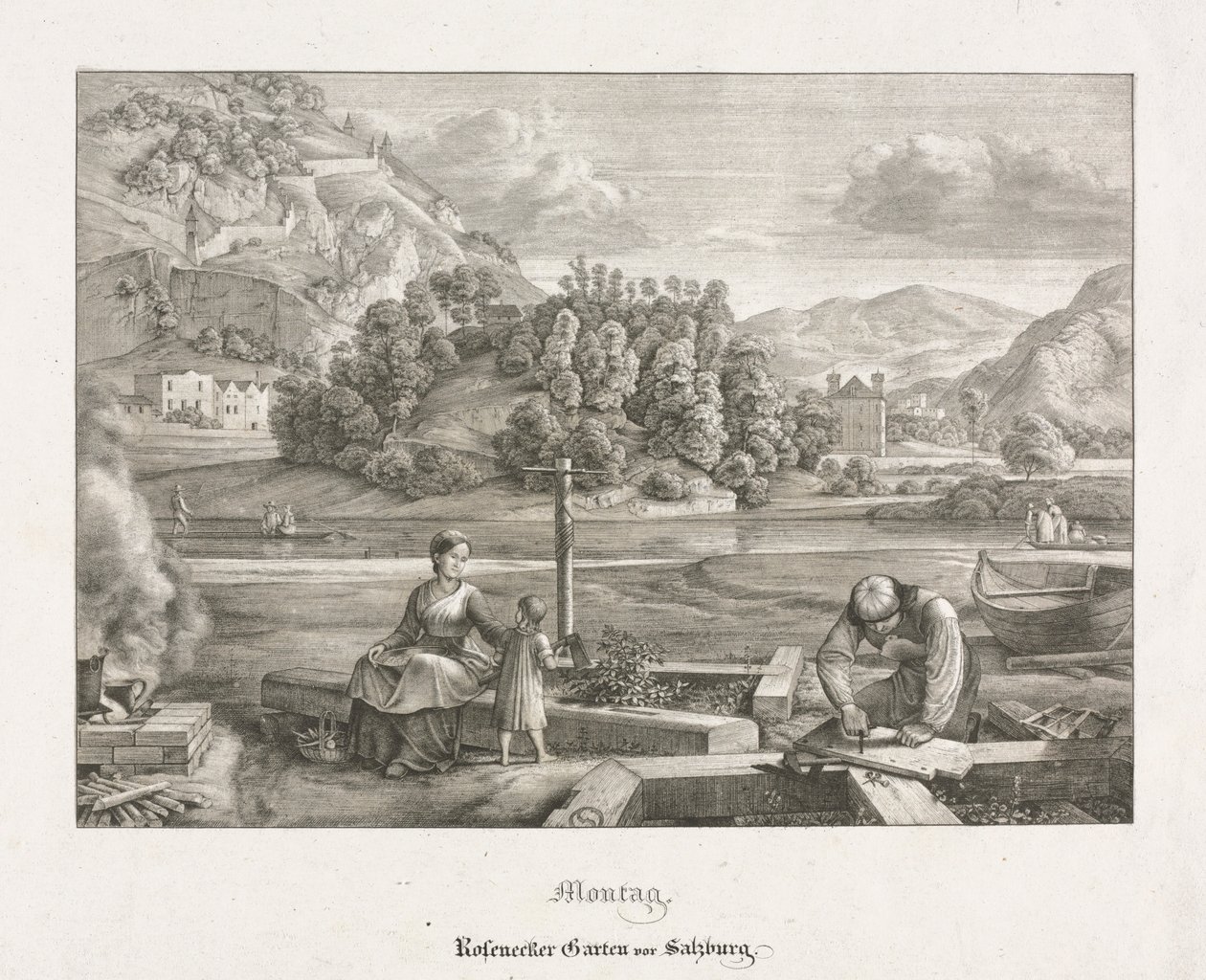 Hét kilátás Salzburgban és Berchtesgadenben: Hétfő: Rosenecker Garden Salzburg, 1823. alkotó: Ferdinand Olivier