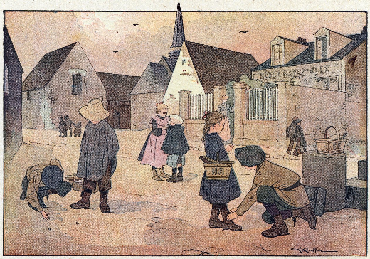 Iskolán kívül, a gyermekkori képeskönyvben, 1900 körül (metszet) alkotó: Ferdinand Raffin
