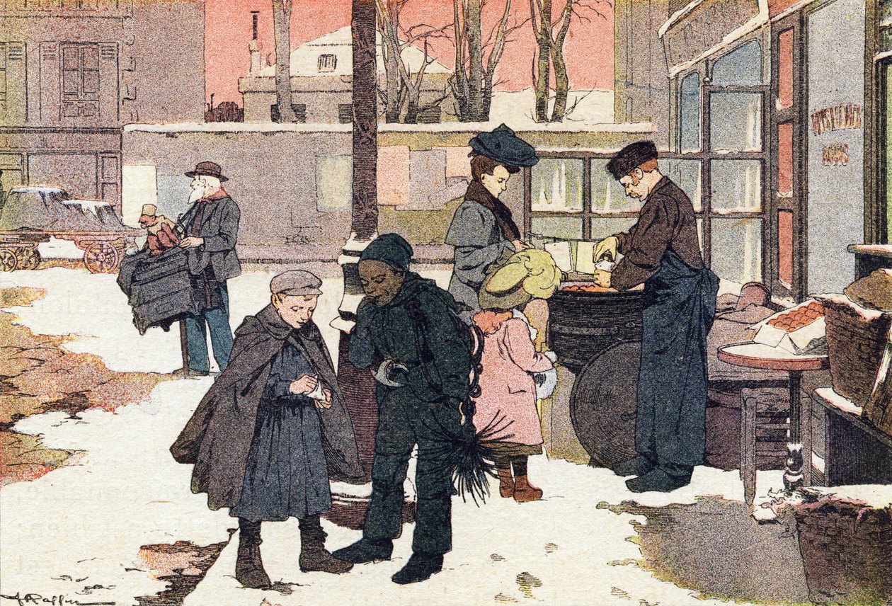 A gesztenyekereskedő, a Gyermekkori képeskönyvben, 1900 körül (metszet) alkotó: Ferdinand Raffin