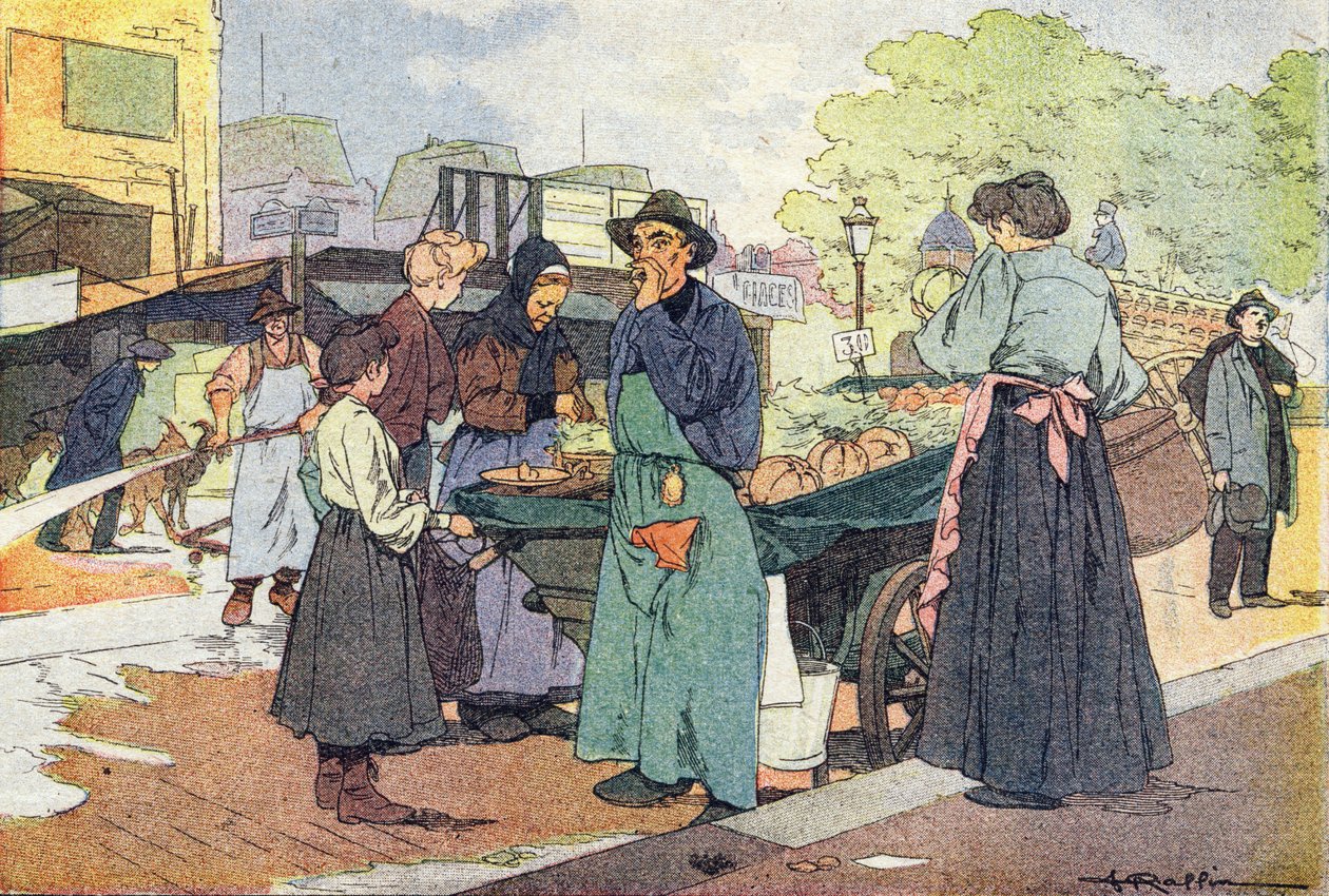 A négy évszakos kereskedő, a gyermekkori képeskönyvben, 1900 körül (metszet) alkotó: Ferdinand Raffin