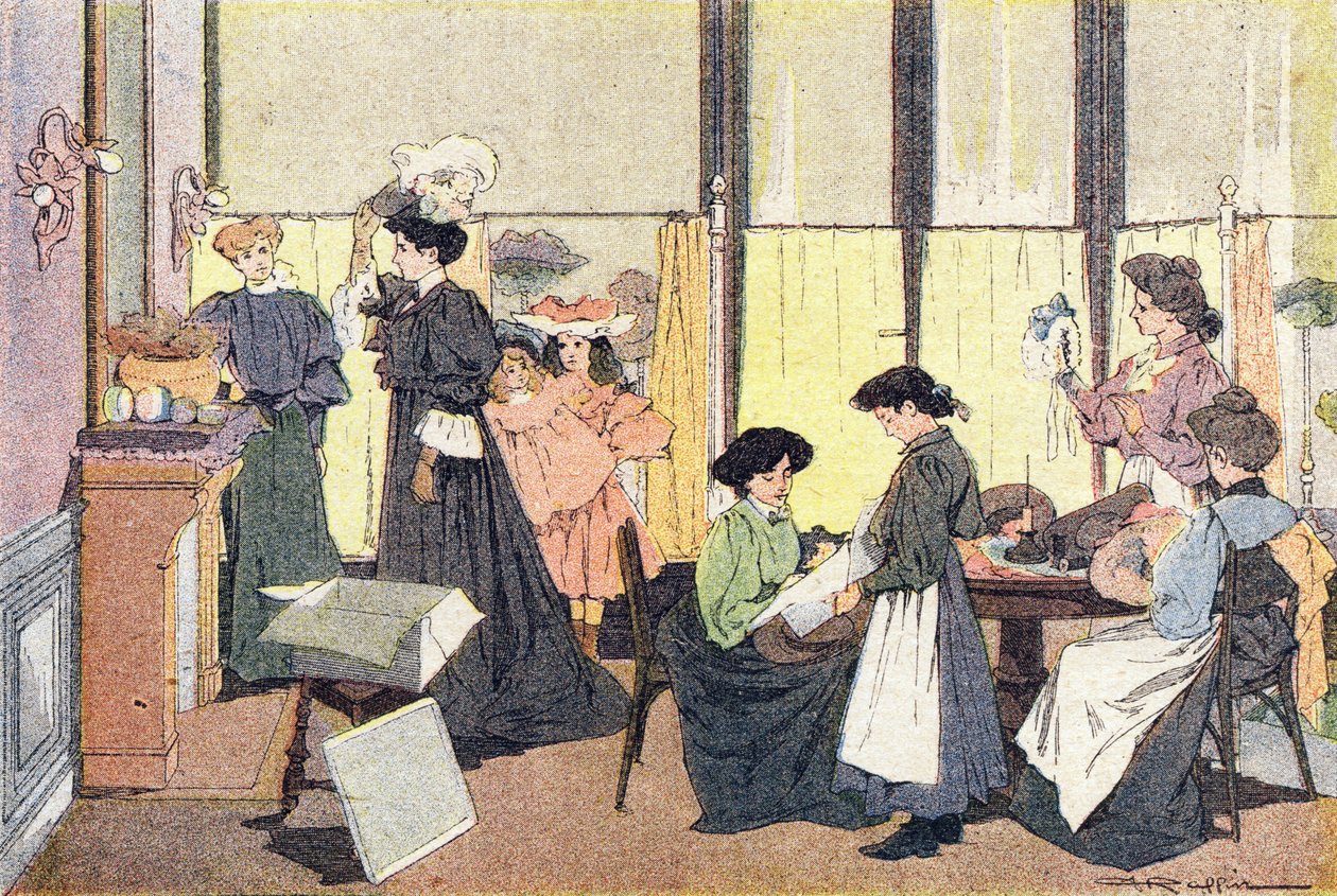 A modista, a gyermekkori képeskönyvben, 1900 körül (metszet) alkotó: Ferdinand Raffin