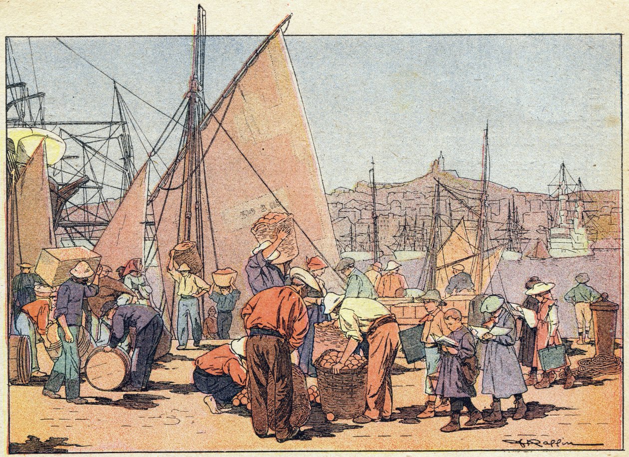 A kikötő, a gyermekkori képeskönyvben, 1900 körül (metszet) alkotó: Ferdinand Raffin