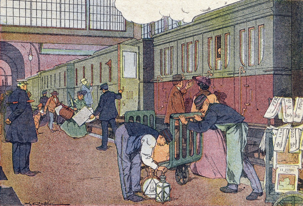 Az állomás, a gyermekkori képeskönyvben, 1900 körül (metszet) alkotó: Ferdinand Raffin