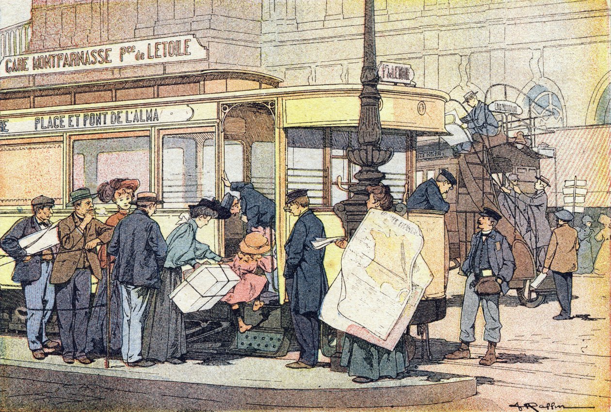 A villamos, a gyermekkori képeskönyvben, 1900 körül (metszet) alkotó: Ferdinand Raffin