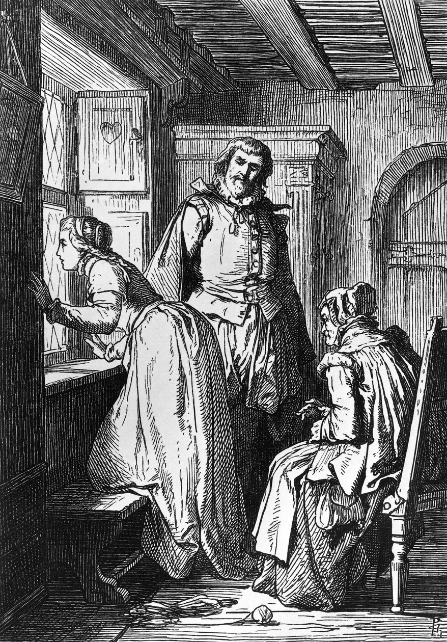 Klaerchen Egmontra vár, Egmont illusztrációja, Johann Wolfgang von Goethe (1749-1832) tragédiája, Ferdinand Rothbart (1823-1899) rajza után fametszet alkotó: Ferdinand Rothbart